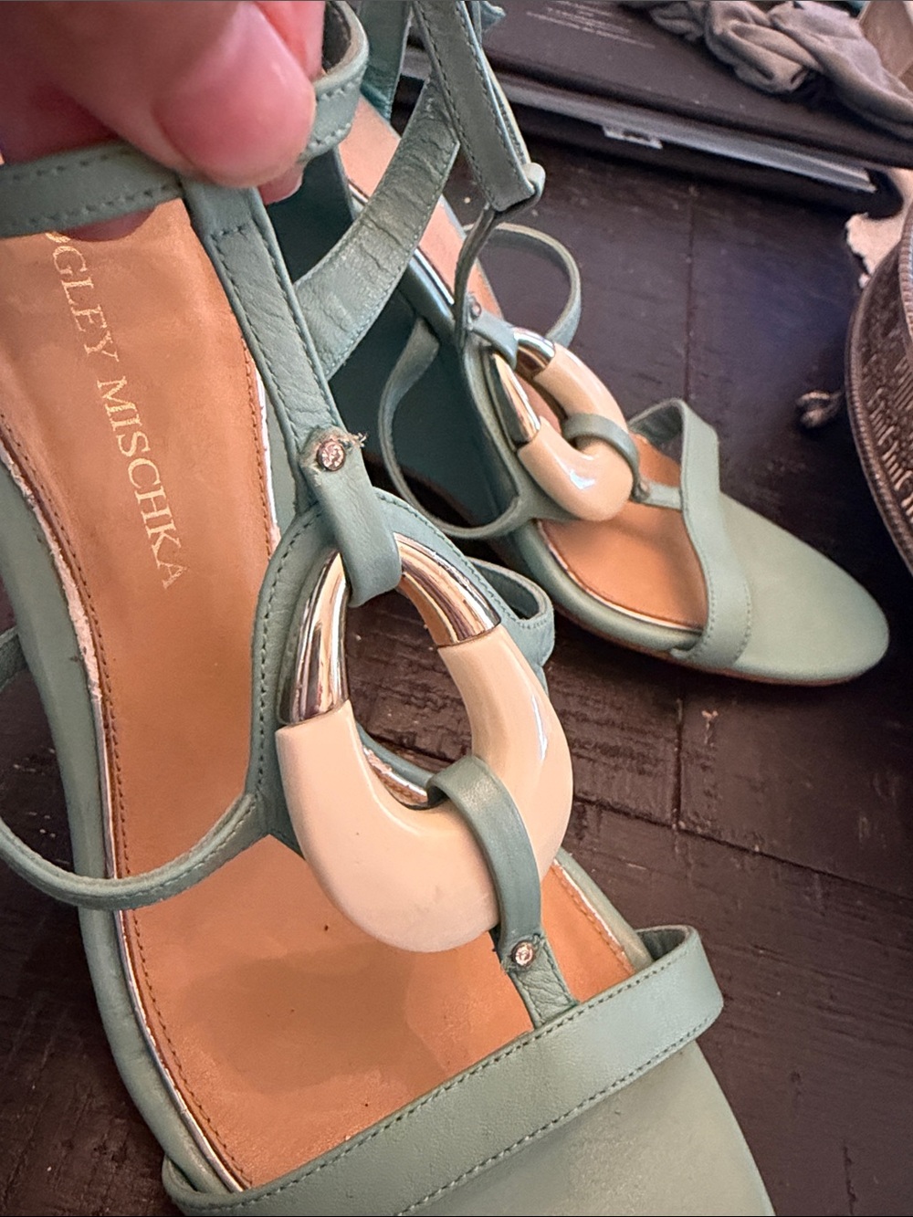 Badgley Mischka Sage Green Leather T-Strap Wedge Sandals with Cream Accent - Picture 3 of 10